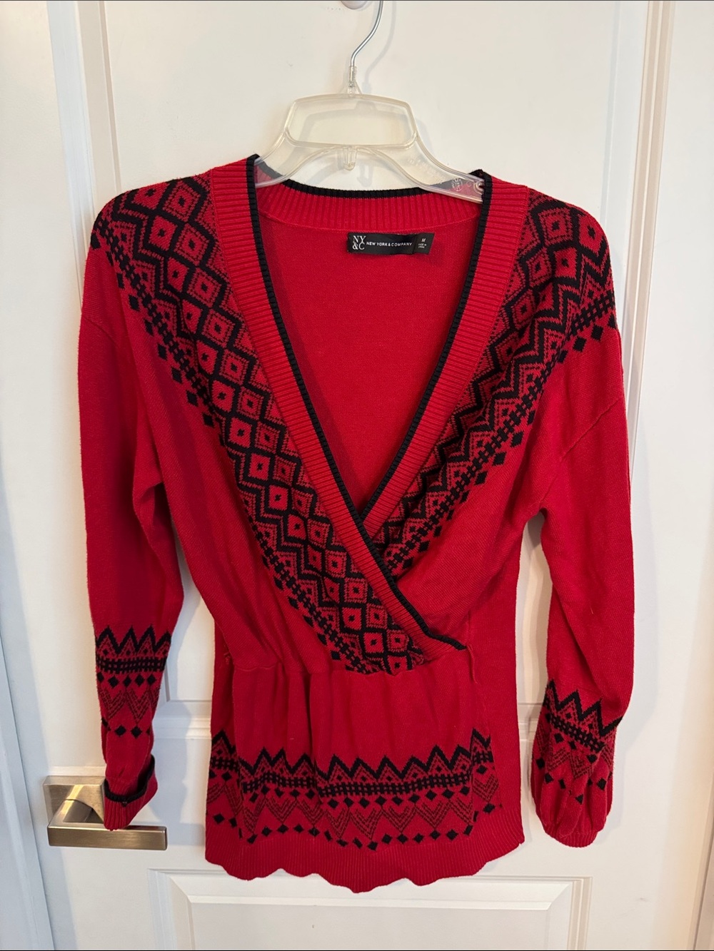 New York & Company Red and Black V-Neck Wrap Sweater